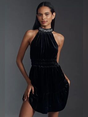 Anthropologie Somerset Mini Dress Velvet Halter with Embellished Neckline